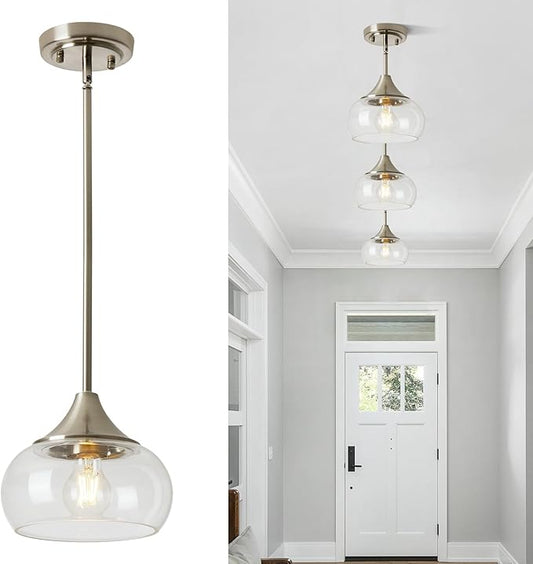Modern Pendant Lights for Kitchen Island, Brushed Nickel Pendant Light Fixtures with 8.5" Clear Glass Shade, Industrial Hanging Pendant Lights Fixture for Kitchen Island Dining Room Entryway 1 Pack