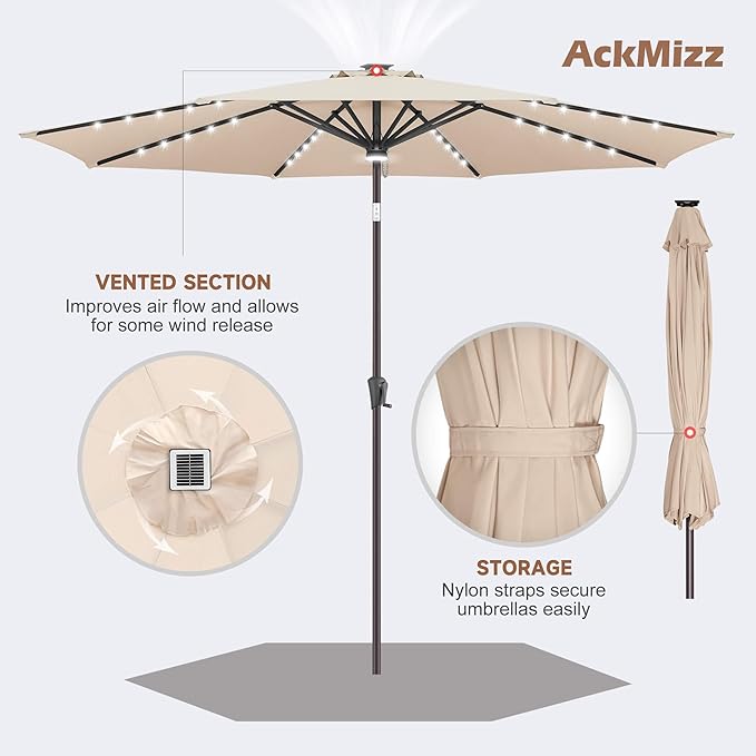 10ft Solar Umbrella Outdoor - Lighted Solar Patio Umbrella with 40 LED Lights Waterprool UV Protection, Table Umbrella with Tilt for Pool, Porch, Garden, Deck, Backyard (Beige)