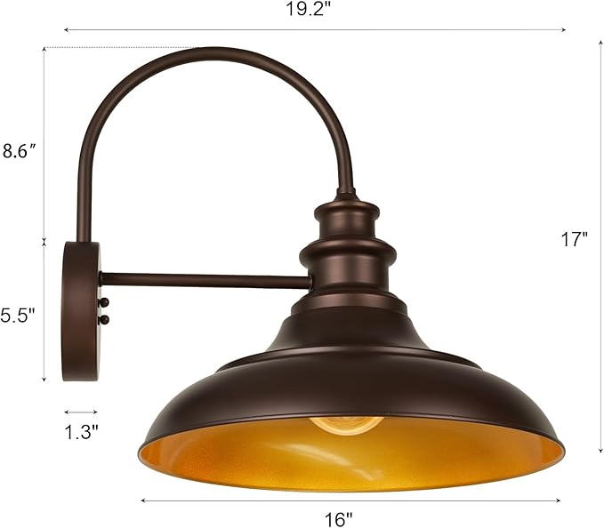 Outdoor Barn Light Fixtures, 16 Inch Large Dome Farmhouse Exterior Wall Mount Lights, Rustic Wall Sconces Indoor Wall Lighting, Industrial Bronze Gold Lanterns for Porch, Garage,2 Pack