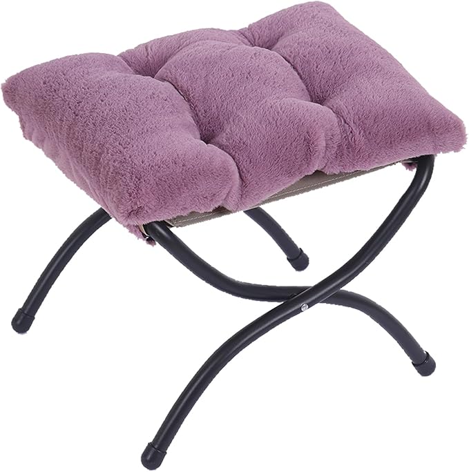Welnow Folding Foot Stool, Upholstered Small Accent Ottoman with Detachable Thick Cotton Cushion Padded Sofa Stool and Metal Frame for Lazy Chair, Living Room, Bedroom, Plush Purple