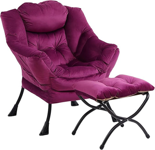 Lazy Chair with Ottoman, Modern Chair with Folding Footrest, Velvet Dark Purple Accent Chair, Comfortable Reading Chair, Oversized Armchairs for Bedroom, Study, Living Room, Courtyard