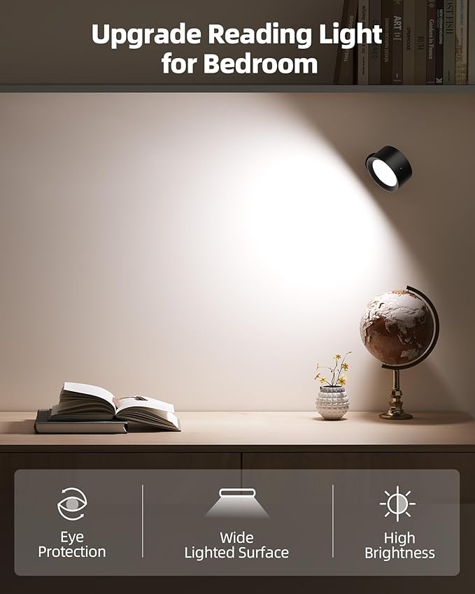 LED Wall Mounted Lights,Rechargeable Wall Sconces Lamp for Bedroom,3 Color Temps & Remote and Touch Control,360°Rotation Dimmable Cordless (2 Pack)