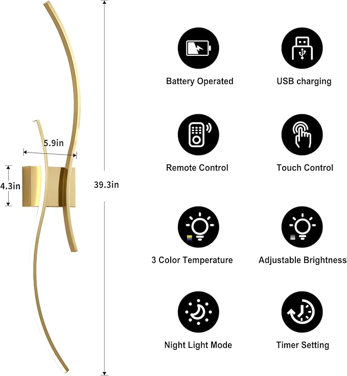 Battery Operated Wall Sconces Set of Two with Remote Control, Battery Wall Light, Stepless Colors 3000K-6000K & Dimming, Brass Rechargeable Wall Sconces for Living Room, Hallway, Bedroom, 39.3 Inch