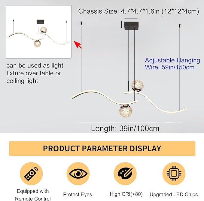 Modern LED Globe Pendant Light, 39in Dimmable Black Hanging Chandelier Light Fixture, 2-Wave Kitchen Pendant Lighting Over Island, Dining Room Lights Ceiling Hanging Over Table (2-Bulb)