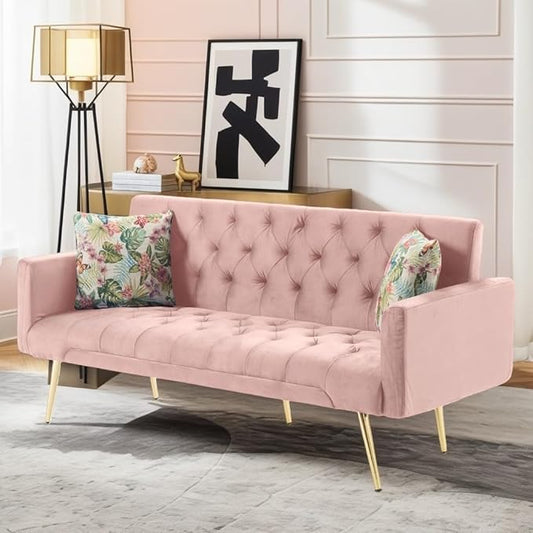 Futon Sofa Bed, Convertible Futon Couch with Adjustable Backrest, 68.31” Folding Sofa Bed with 2 Pillows & Metal Legs, Sleeper Loveseat with Armrest for Home Office, Pink