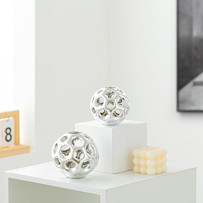 Silver Knot Orbs Decorative Objects, Modern Geometric Balls Centerpieces, Orb Knick Knacks Home Decor, Ceramic Coffee Table Sculptures for Living Room, Bedroom, Office Desktop, Bookshelf (Silver)