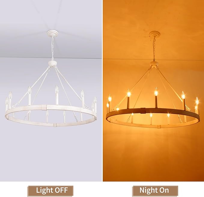 White Wagon Wheel Chandelier 37.4 inch, 12-Light Large Round Industrial White Farmhouse Chandeliers for Living Room Dining Room Foyer Entryway Outdoor Porch High Ceilings
