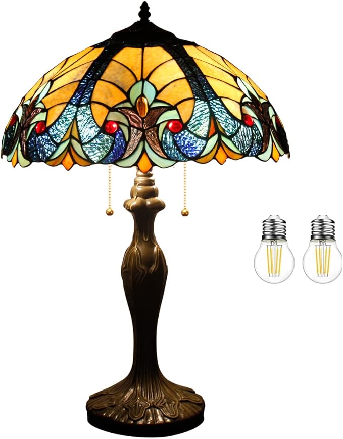 WERFACTORY Tiffany Table Lamp Yellow Liaison Stained Glass Bedside Lamp 16X16X24 Inches Desk Reading Light Metal Base Decor Bedroom Living Room Home Office S160E Series