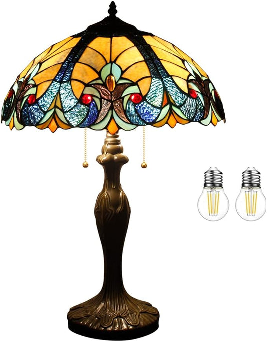 WERFACTORY Tiffany Table Lamp Yellow Liaison Stained Glass Bedside Lamp 16X16X24 Inches Desk Reading Light Metal Base Decor Bedroom Living Room Home Office S160E Series
