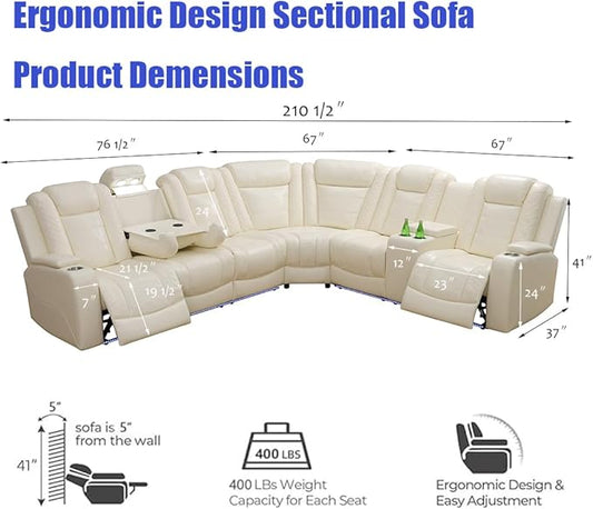 Power Recliner Sectional Sofa with LED, Reclining Sectional Sofa Living Room Furniture Set, Creamy White Couch and 2 Chairs, Reclining Couch Read Lights/Storage/Cup Holder for Office/House