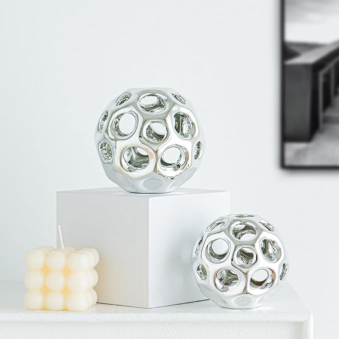 Silver Knot Orbs Decorative Objects, Modern Geometric Balls Centerpieces, Orb Knick Knacks Home Decor, Ceramic Coffee Table Sculptures for Living Room, Bedroom, Office Desktop, Bookshelf (Silver)
