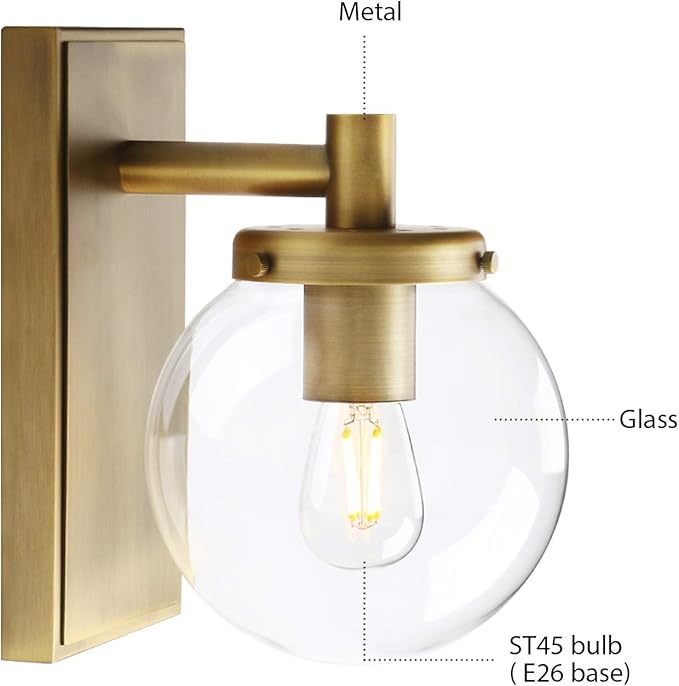 Pathson Vintage Globe Glass Wall Sconce, Hardwired Bathroom Vanity Lighting, Brass Wall Lamp Fixtures for Living Room