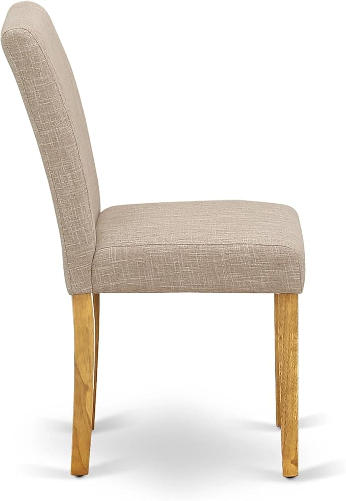 East West Furniture ANAB5-OAK-04 5 Piece Dining Table Set for 4 Includes a Round Kitchen Table with Pedestal and 4 Light Tan Linen Fabric Parson Dining Chairs, 36x36 Inch, Oak