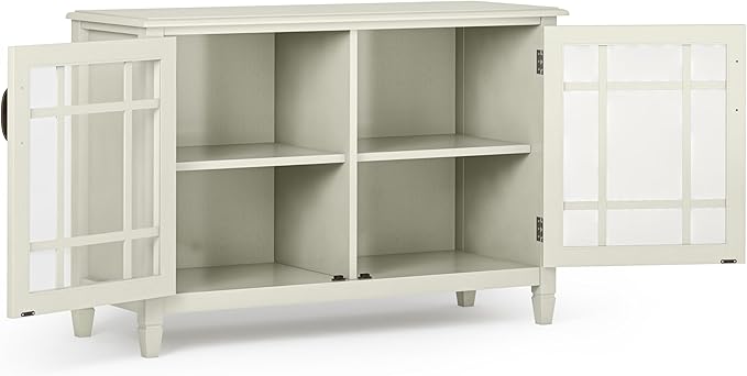 SIMPLIHOME Connaught Solid Wood 46 Inch Wide Traditional Low Storage Cabinet in Antique White, for the Living Room, Entryway and Family Room