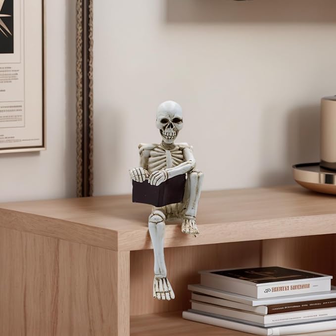 Modern Reading Figurine Decor Office, Human Skeleton Decor Library Resin Abstract Reading, Christmas Decorations Indoor Halloween for Graveyard, Thinker Style for Office Shelf Desktop