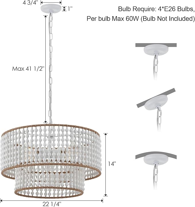 Dia 22 Inch Boho Wood Bead Chandelier Farmhouse, Bohemia Dining Room Light Fixture Over Table, White Bead Pendant Chandelier for Bedroom Kitchen Hallway Entryway Nursery Living Room Foyer