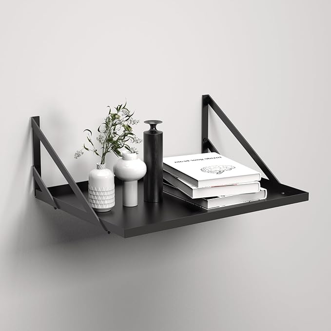 Black Deep Floating Shelves for Wall, 16W x 12D Metal Floating Shelves Set of 2, Wide Floating Bookshelves for Living Room, Kitchen, Office, Bedroom and Decor Storage