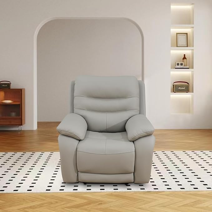 Power Reclining Sofa Set, Genuine Leather Recliner Sofa Set,Living Room Furniture Setwith USB Charging and LED Lights,for Living Room/Apartment/Office/Home Theather,Light Grey,2C
