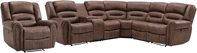 EBELLO Faux Leather Reclining Sectional Sofa Set, L-Shaped Power Corner Couch Home Furniture Set with Storage Console, Cup Holders, USB Port(Coffee Brown,Sofa with Recliner)