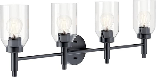 Kichler Madden 4-Light Vanity with Clear Glass in Black, Sloped Ceiling Compatible, for Single or Double Vanity in Bathroom (10.5" x 34"), 55186BK