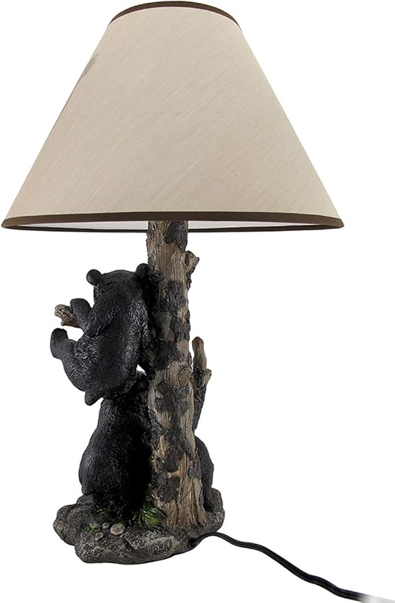 Zeckos Rustic Black Bear Family Table Lamp - Lodge-Inspired Home Lighting - 20" Tall Resin Construction - Charming Bear Face Print Shade - Ideal for Cabins and Dens