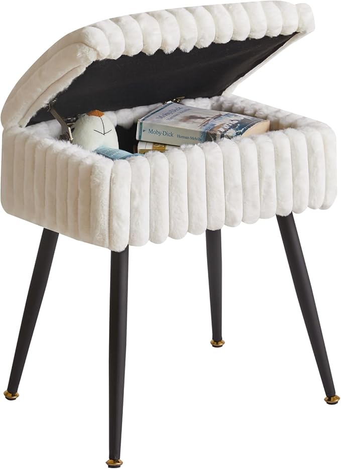 Vanity Stool Chair, Faux Fur Ottoman Foot Stool, Flip Top Storage Makeup Ottoman with Soft Padded Seat, for Makeup Room, White YD-MS151W