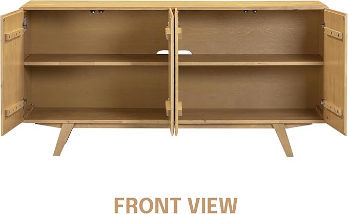 NTC Sapa Mid-Century Modern Solid Wood Sideboard – 4-Door Accent Buffet Cabinet with Carved Geometric Fronts, for Living Room, or Entryway, Effortless Assembly, Sand