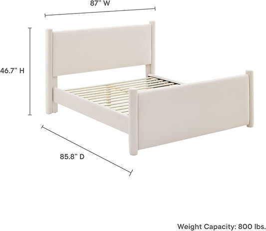 Modway Rael King Platform Bed Frame with Upholstered Headboard and Footboard in Alabaster – Stain-Resistant Performance Velvet King Size Bed with Rounded Posts