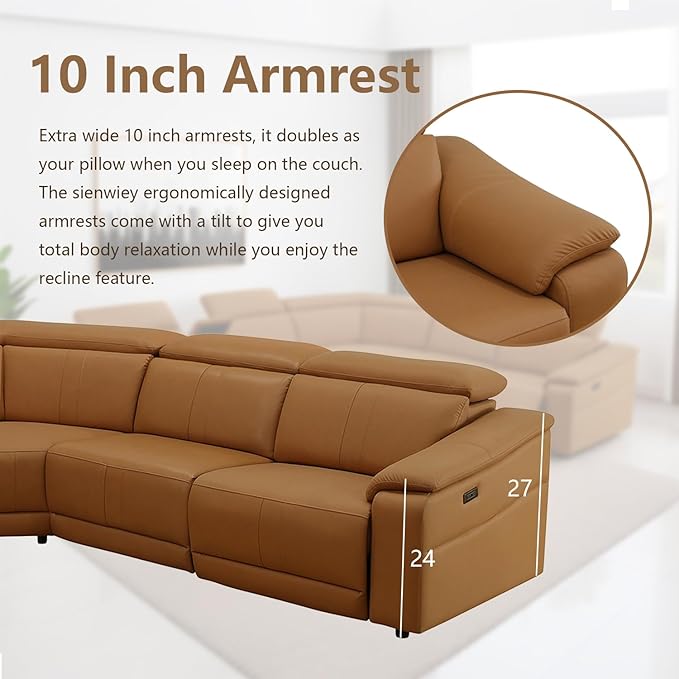 Power Reclining Sectional Sofa with Console，5 Seats Leather Sectional Couch Living Room Set L Shaped Couch with Cup Holders/USB Charging/Manual Adjustable Headrests,Ginger