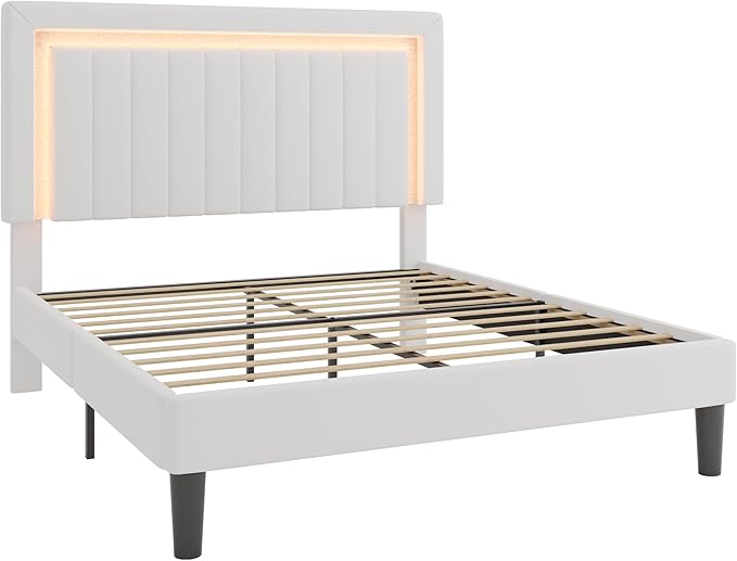 SHA CERLIN Full Size Velvet Bed Frame with LED Light, Adjustable Vertical Channel Tufted Headboard, Strong Wooden Slats Support, Noise-Free, No Box Spring Needed, White