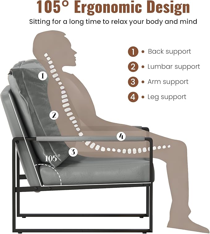AWQM Modern PU Leather Accent Chair Arm Chair with Extra-Thick Padded Backrest and Seat Cushion Sofa Chairs for Living Room Bedroom, 105 Degree Slant Back, Non-Slip Adsorption Feet-Grey（Set of 1）