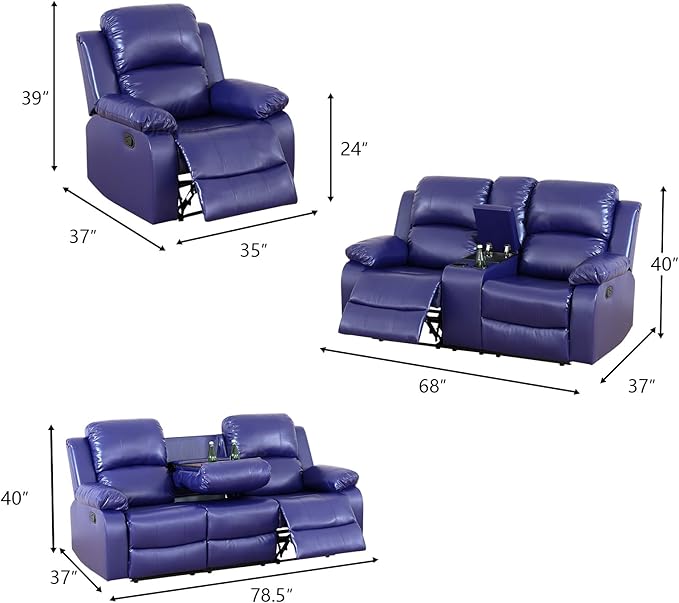 Bonded Leather Recliner Sofa Set Living Room Furniture Sets Modern Manual Reclining Sofa Set Loveseat Couch Chair Set with Cup Holders & Storage Console for Home/Office (Purple Blue,3 PCS Set)