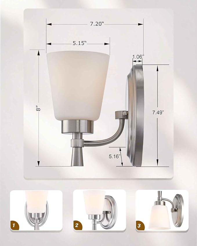 GRUENLICH Wall Sconces for Bathroom, Brushed Nickel Vanity Light Fixture Over Mirror, Set of 2 Hardwired Sconce with Frosted Glass Shades for Bedroom, Living Room, Modern Home Decor