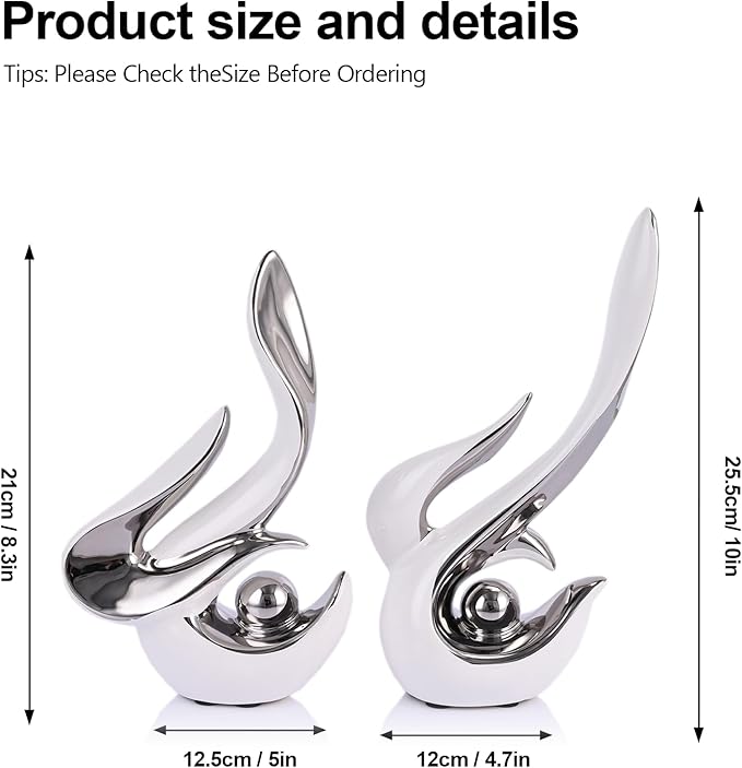 2PCS Abstract Ceramic Sculptures for Modern Decor, Sculptures Home Decor Accent,Abstract Art Figurines for Living Room Decorative Objects,Tabletop Centerpiece for Entryway,Shelf,TV Stand(White Silver)