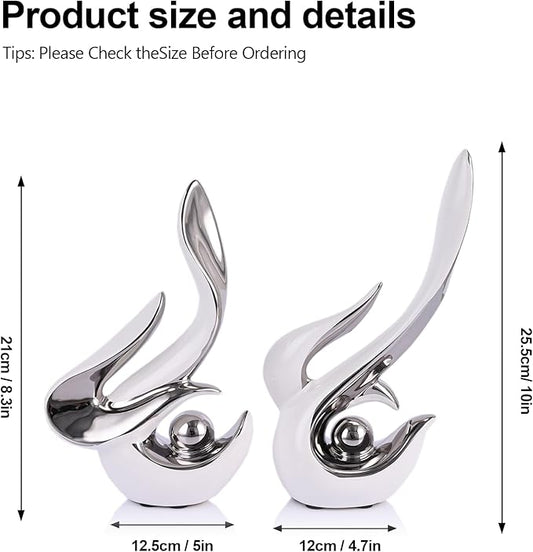 2PCS Abstract Ceramic Sculptures for Modern Decor, Sculptures Home Decor Accent,Abstract Art Figurines for Living Room Decorative Objects,Tabletop Centerpiece for Entryway,Shelf,TV Stand(White Silver)