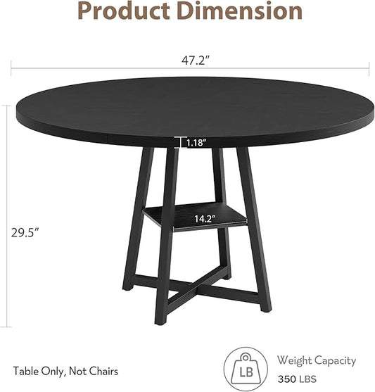 Garvee 47.2 in Round Dining Table for 4-6 People, Industrial Round Kitchen Table with Sturdy Metal Pedestal Base & Storage Shelf, Circle 4 Dinner Table for Dinner, Kitchen, Dining Room