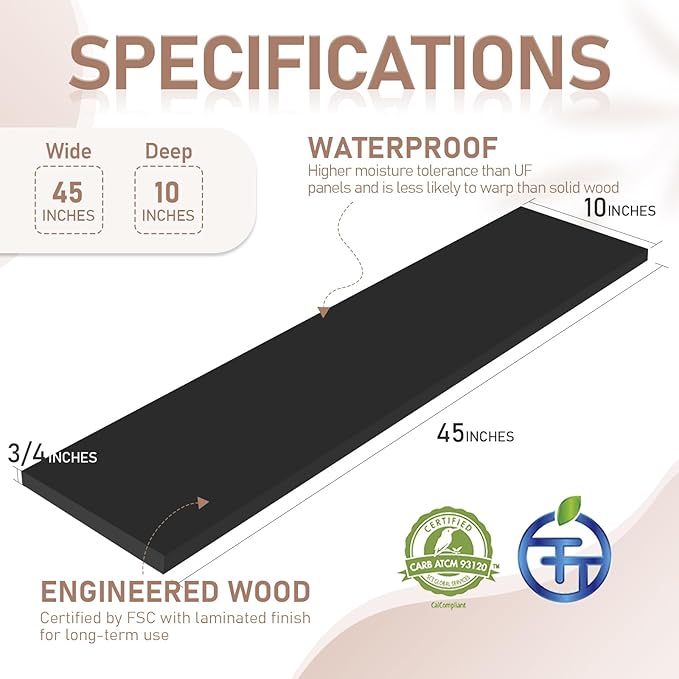 Kaboon 45 inch Long 10 inch Deep Floating Shelves for Wall Set of 2, Large Open Shelves Wall Mounted, Space Saving Home and Commercial Use, Black
