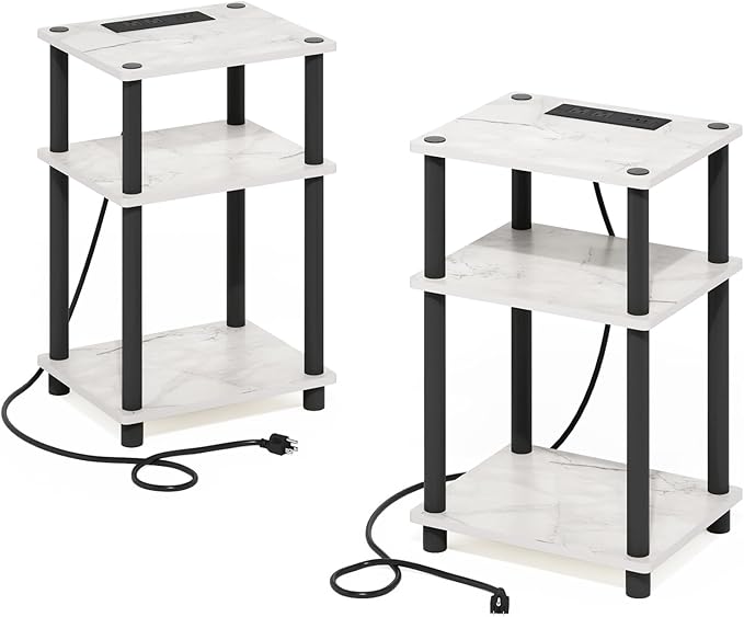 Furinno JUST Side Table Set of 2, 3-Tier Modern End Table with Charging Station, Open Shelf Night Stand, Bedside Table with USB and Type-C Charging Port, for Living Room, Bedroom, Marble White