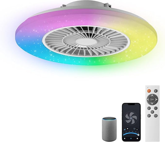 Ceiling Fans with Lights and Remote, 24'' Low Profile Ceiling Fan, RGB Ceiling Fan Lights, Stepless Dimming for Living Room, Dining Room, Bedroom