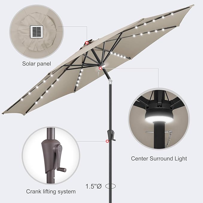 10FT Solar Umbrella Outdoor - Lighted Solar Patio Umbrella with 40 LED Lights Waterprool UV Protection, Table Umbrella with Tilt for Pool, Porch, Garden, Deck, Backyard (Taupe)