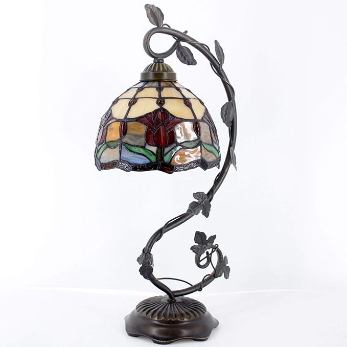 WERFACTORY Tiffany Lamp Red Stained Glass Tulip Table Lamp, Metal Leaf Base 8X10X21 Inches Reading Desk Light Decor Small Space Bedroom Home Office S030 Series