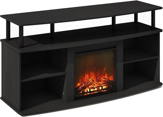 Furinno Jensen Fireplace TV Stand, NO Heat Decorative Electric Fireplace Corner TV Stand for TV up to 55 Inch, with Open Shelving Storage, for Living Room, Americano/Black