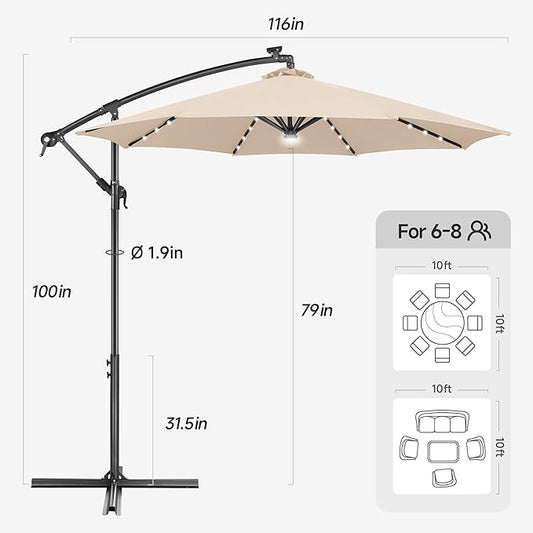 Solar Offset Patio Umbrella - 10 FT Solar Cantilever Umbrella Outdoor with 40 LED Lights and Cross Base, UV Protection for Garden, Deck, Backyard, Pool, Porch, Beige