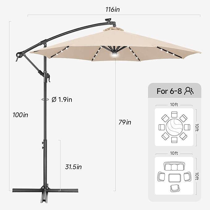 FLAME&SHADE 10ft Solar Cantilever Umbrella with 40 LED Lights, Lighted Large Offset Outdoor Patio Umbrellas, 8 Sturdy Ribs, UPF50+ UV Protection for Pool Deck Garden Yard, Beige