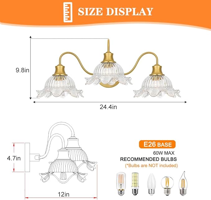 Brushed Gold Bathroom Vanity Light Fixture Vintage 3 Light Bathroom Lighting Over Mirror, Farmhouse 24'' Wall Sconce Lighting with Flower Glass Shades, Easy Mount for Makeup Area, E26 Bulb Compatible