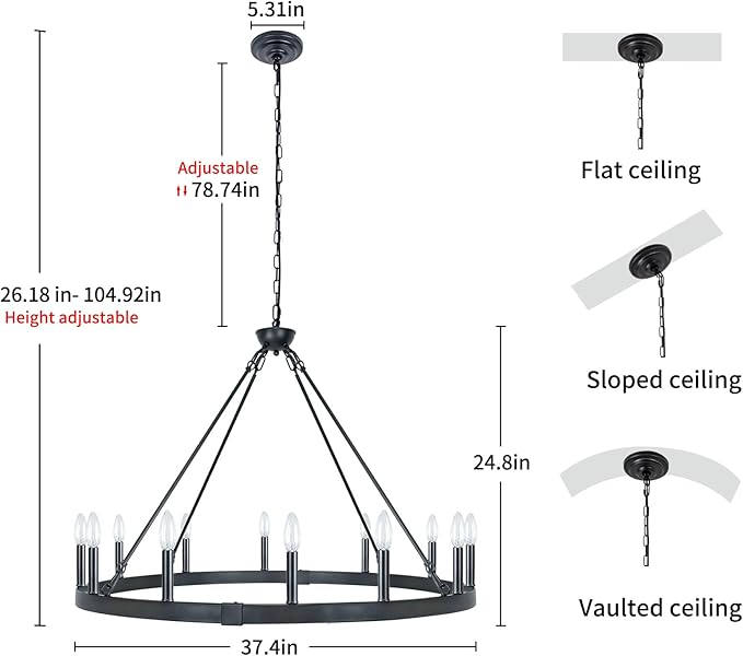 Black Wagon Wheel Chandelier 38 inch, 12-Light Black Round Industrial Farmhouse Chandeliers for High Ceilings Dining Room Living Room Foyer Entryway Outdoor Porch