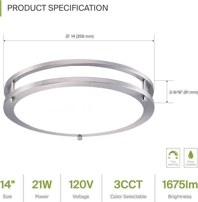 ASD LED 14" Round Flush Mount Lighting, Close to Ceiling Light Fixture | 3CCT, Dimmable, Energy Star, ETL Listed | 21W 1675LM 3000-5000K 120V | Low Profile Double Ring Lamp | Nickel