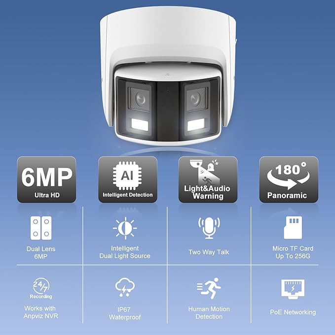 Anpviz 6MP PoE Dual Lens Security Camera Outdoor, Panoramic 180° Wide Angle IP Dome Wired Camera with Human/Vehicle Detection, Two-Way Talk, Built-in Micro SD Card Slot, Full Metal（H Series）