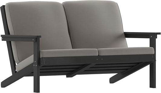 Flash Furniture Charlestown Adirondack Style Deep Seat Patio Loveseat with Cushions - Black Poly Resin Frame - Charcoal All-Weather Cushions - Indoor/Outdoor