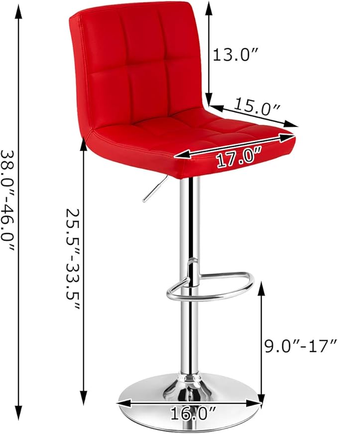 COSTWAY Adjustable Bar Stools Set of 4, Modern Swivel PU Leather Bar Chair with Backrest, Soft Cushioned Seat, Footrest, Sturdy Metal Frame, Comfortable Barstools for Kitchen Island, Pub, Red